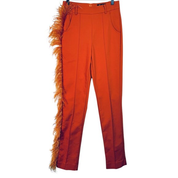 Hanifa Ava Ostrich Feather Pants Fitted Statement Blogger Fave Orange Small - Picture 9 of 16